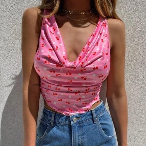 Hirigin Cherry Ruched Pink Sleeveless Woman Tank Top Summer Y2K V Neck Sexy Crop Tops Tees Fashion Casual Streetwear 2021