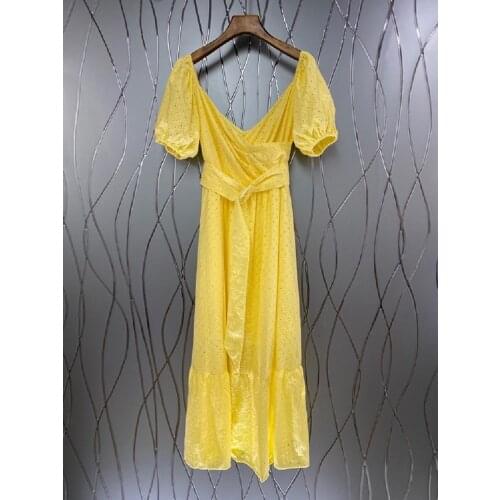 White Yellow Blue Long Dress 2021 Summer Fashion Women V-Neck Allover Exquisite Embroidery Short Sleeve Casual Maxi Dress Belt