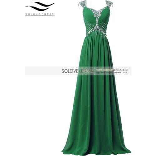 Solovedress Sexy V Neck Real Photos Crystal Green Long Prom Dress 2016 Cap Sleeves Evening Gown Vestidos De fiesta SLE-SLP07