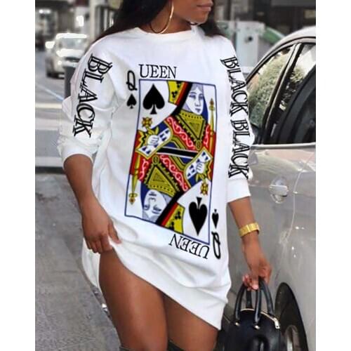 Spring Autumn Womens Plus Size Casual Mini Dress 2021 New Femme Poker Letter Print Long Sleeve Clothing O-Neck Hoodie Dress