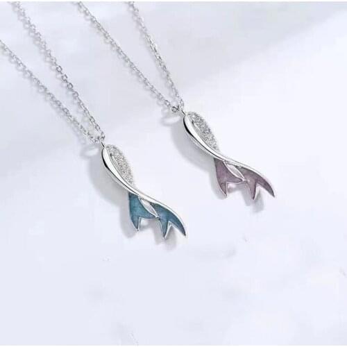 Fashion Womens S925 Silver Plated Zircon White Gold Personality Epoxy Fishtail Pendant Necklaces X176