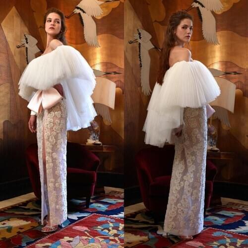 Sheath Evening Dresses Off Shoulder Beaded Appliques Ruffled Prom Dress Robes De Soirée Customize Formal Party Gown