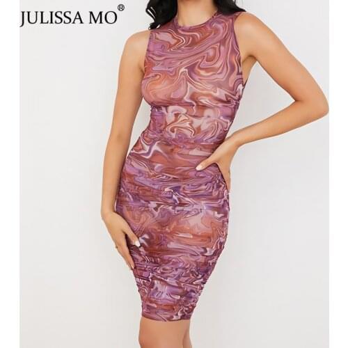 JULISSA MO New Printed Mesh Transparent Midi Bodycon Dresses 2021 Women Summer Sleeveless Dress Femme Sexy Party Club Vestidos