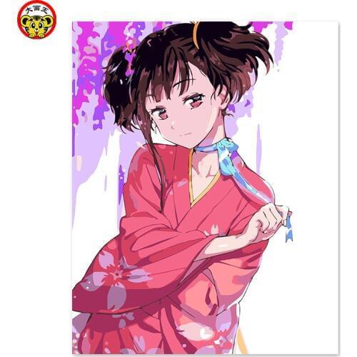 Painting by numbers art paint by number Black short hair, red eyes, tied with a blue bowknot on the neck Digital painting DIY