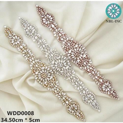10PCS)Handmade silver clear bridal beaded crystal rhinestone applique iron on for dress DIY sash belt WDD0008