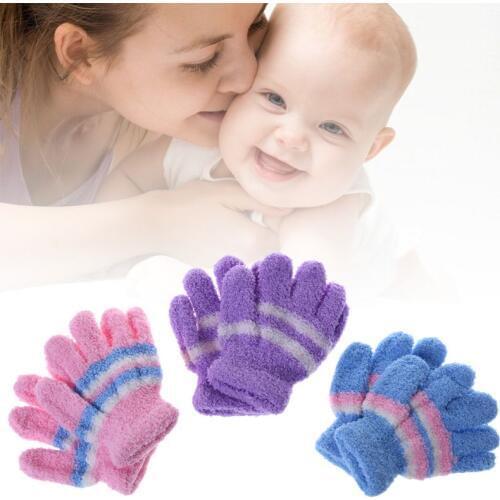 2 Pair Baby Gloves Warm Winter Full Finger Thermal Coral Fleece Kids Boys Girls Stripe Gloves