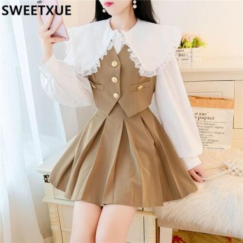 SWEETXUE Lady Autumn Sweet Lovely Kawaii Preppy Style Temperament Pan Peter Collar Lace Shirt + Vest + Pleated Skirt 3pc Outfits