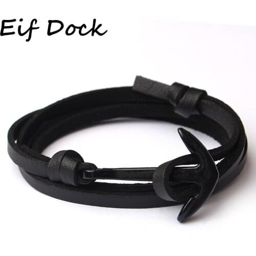 Eif Dock Black Anchor Punk Style Design Multi-layer Genuine Leather Bracelet for Men Navy Style Summer Beach Gift Male Bracelets