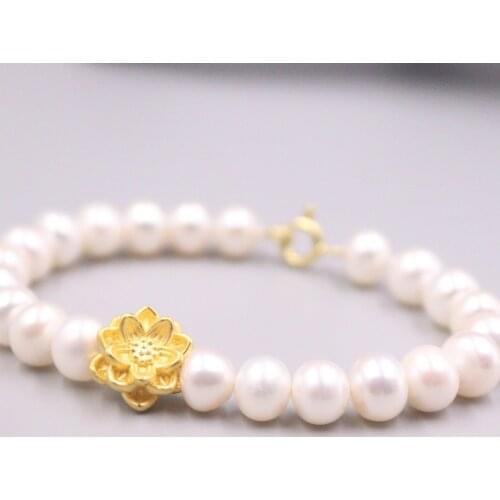 1pcs Pure Gold 999 Bracelet Lotus Rose Flower For Women Female DIY Couple Lover Natural Pearl 10mm Beads Bracelet 16-20cmL
