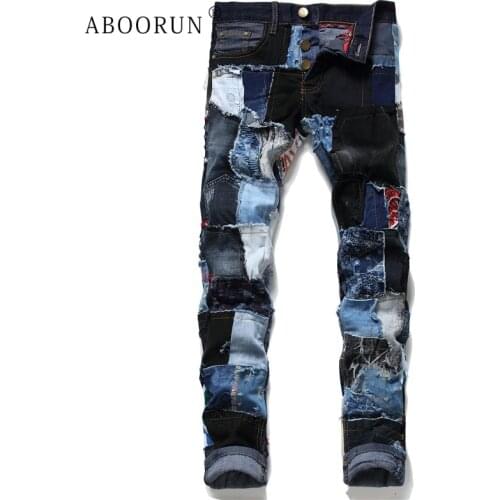 ABOORUN Hi Street Mens Fashion Patchwork Jeans Distressed Ripped Hole Jeans Brand Urban Jeans for Male