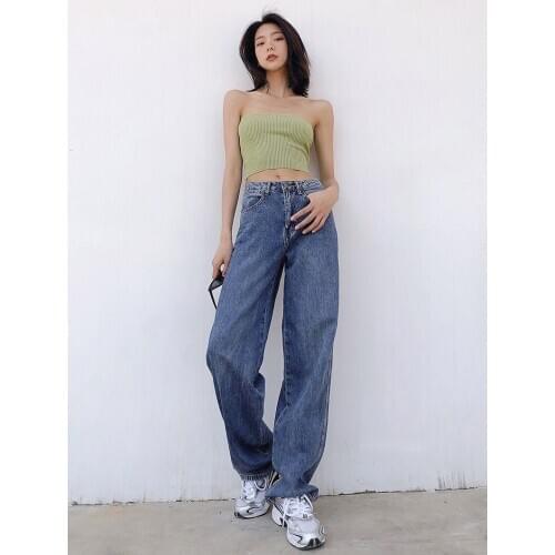 Summer new street fashion solid color high waist wide leg straight jeans women, thin cotton wide leg denim pants women