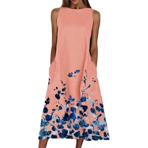 70% Hot Sell Women Floral Print Sleeveless A-Line Round Neck Midi Long Dress Sundress for Beach