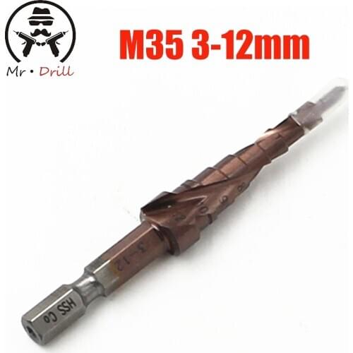 M35 HSS-CO Step Drill Bits 3-12mm Metalworking Spiral Groove 1/4'' Hex Shank Stainless Steel Tapping Cobalt Plating