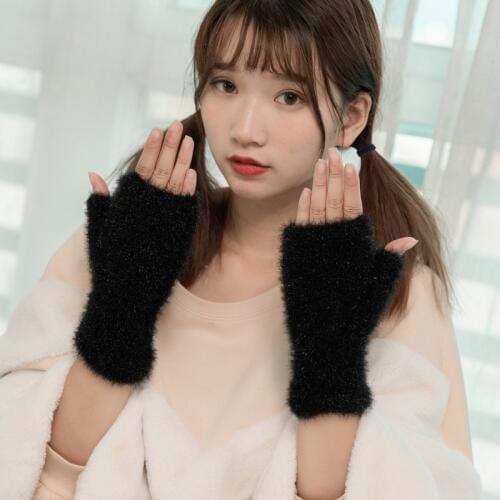 Lovely Female Winter Knit Wool Thicker Cashmere Velvet Warm Black Fingerless Mittens Cute Women Half Finger Gloves Guantes B31