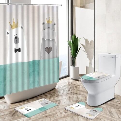 Cartoon Cute Bear Shower Curtain Fun Couples Animal Home Decor Bath Mat Toilet Lid Cover Flannel Child Baby Bathroom Carpet Set