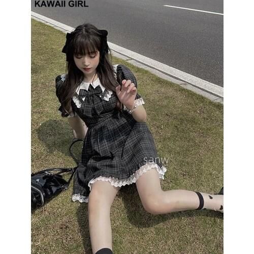 New Cute Kawaii Retro Girl Dress Women Summer Sweet Girl Was Thin Plaid Bellflower Dresses Mori Super Fairy Waist Short Dress