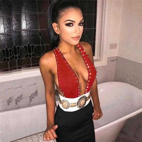 New Arrival Sexy Deep V Neck Rivet Women Bandage Dress Patchwork Sleeveless Midi Dresses Celebrity Party Club Bodycon Vestido HL
