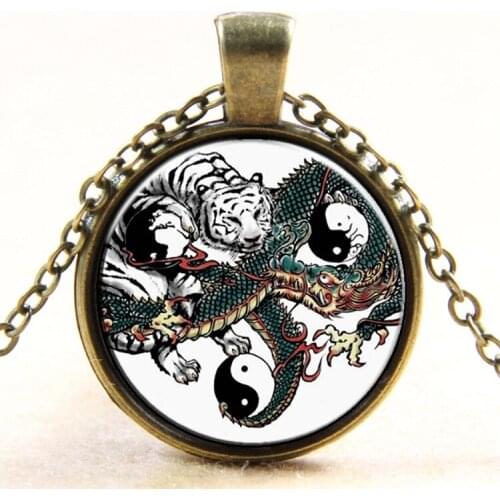 New fashion Chinese dragon tiger Tai Chi Yin Yang vintage retro glass photo pendant choker chain necklace jewelry for women men