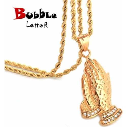 Stainless Steel Praying Hand Pendant Necklace Christian Apostle Lucky Jewelry Bling Rhinestone Mens Hip Hop Hand Necklace