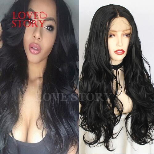 Lovestory Black Synthetic Lace Front Wig Body Wave Middle Part Heat Resistant Glueless Synthetic Lace Wigs 24 Inch