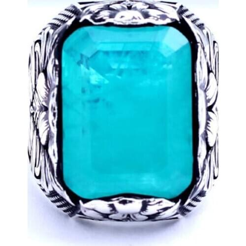 Handmade Rectangular Blue Paraiba Tourmaline Man Silver Ring,Paraiba Silver Men Ring,Silver Paraiba Man Ring,925Sterling Silver