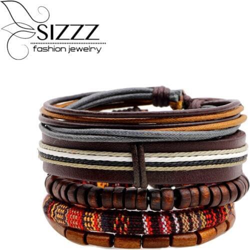 SIZZZ New Bracelet five sets of wood beads wax rope braided beaded bracelet&bangles for women/men