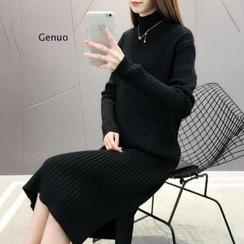 Turtleneck Cowlneck Women Long Knit Straight Dress Autumn Winter Thick Warm Midi Dress Ribbed Knitted Christmas Dresses