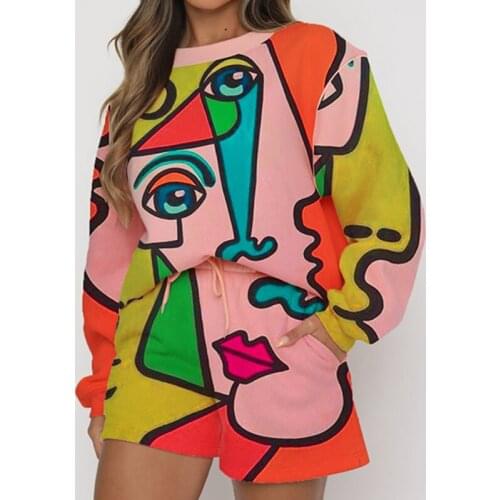 Pink Abstract Face Print Tracksuit Sports 2 Pieces Set Women Autumn Pullover Tops High Waist Short Drawstring Streetwear Outfits