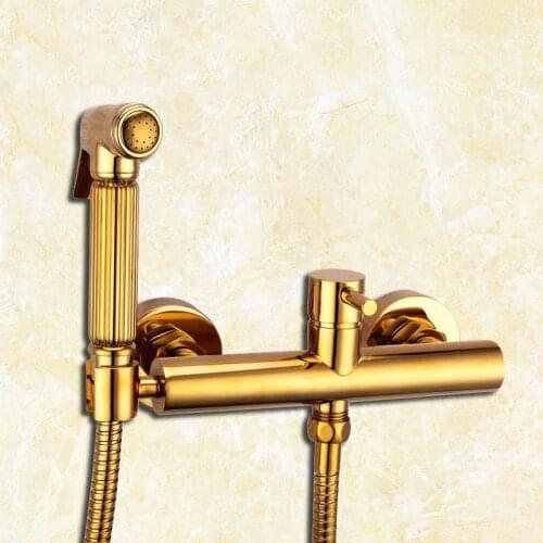 Luxury gold Brass Bathroom Toilet shower spray set with cold hot water faucet valve Gold copper shower nozzle jet set 1.5m hose