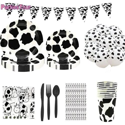 Cow Party Supplies Cow Disposable Tableware with Cow Plates Cups Napkins Balloons Banner for Cow Party Baby Shower Birthday