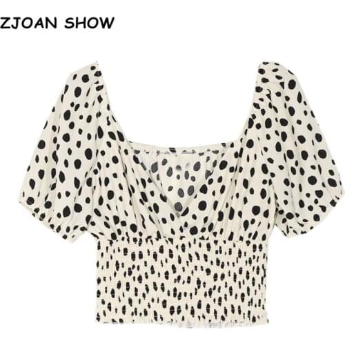 Vintage Leopard Dot Print Shirt Beige Retro Cross V neck Ruched Elastic Hem Short Sleeve Short Blouse tank top Tops