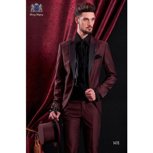High Quality One Button Burgundy Groom Tuxedos Peak Lapel Groomsmen Men Blazers Suits (Jacket+Pants+Tie) NO:434