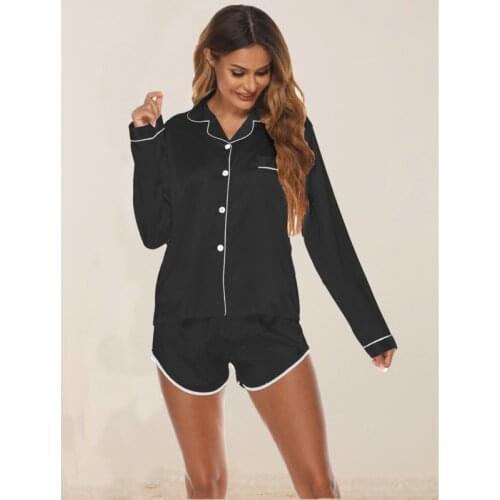 Womens Two-piece Pajamas Fashion Lapel Solid Color Button Long-sleeved Top And Solid Color Short Pants Suit Wm