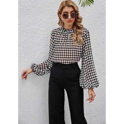 Lantern Sleeve Loose Chiffon Blouse 2021 New Women Stand Collar Stylish Plaid Print Chic Casual Shirts