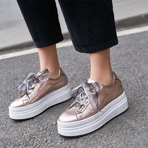 NAYIDUYUN Genuine Leather Oxfords Shoes Women Wedges Platform Ankle Boots Low Top High Heel Party Pumps Lace Up Sneakers