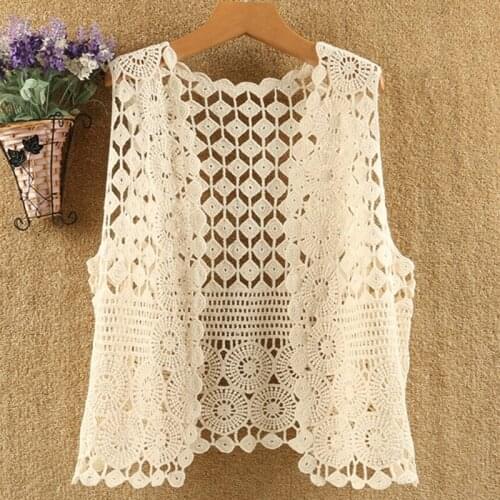 E15E Women Hollow Out Crochet Crop Top Vest V-Neck Open Front Floral Lace Sleeveless Jacket Cardigan Casual Loose Boho Hippie