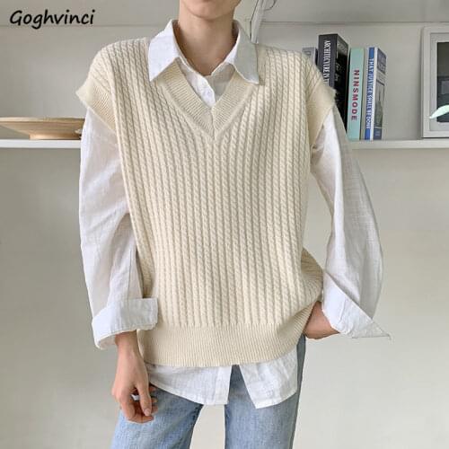 Sweater Vest Women Pure Color Elegant Simple Tender V-neck Spring All-match College Leisure Ulzzang Ladies Knitwear Popular Ins