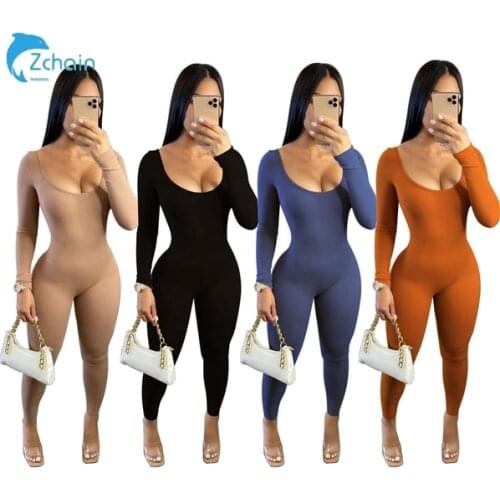 2021 Spring fashion women long sleeve low-neck solid color sexy knit brown Skinny jumpsuit ribbed material
