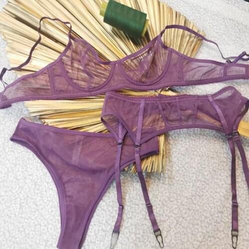 New Women Underwear Sexy Lace Ultra-thin Push Up Bra Set Transparent Mesh Temptation Lingerie 3-piece set Bras+Panties+Garter