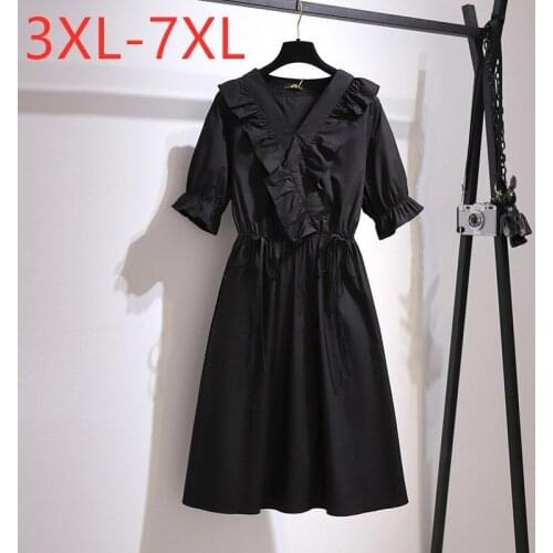 New 2021 Ladies Summer Plus Size Midi Dress For Women Large Short Sleeve Loose Ruffle Retro Black Belt Dress 3XL 4XL 5XL 6XL 7XL