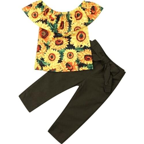 2-7Y Summer Fashion Kids Baby girl Clothing Girl Outfits Sunflower print Off Shoulder T-shirt Tops+Casual Pants Outfit 2pcs