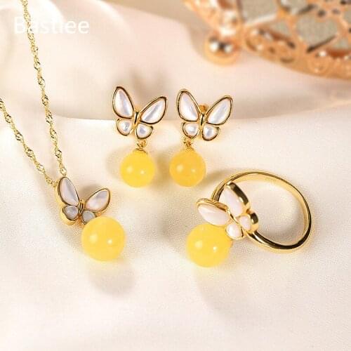 Bastiee Butterfly Amber Beads 925 Sterling Silver Jewelry Sets For Women Rings Necklace Pendants Stud Earings Gift Golden Plated