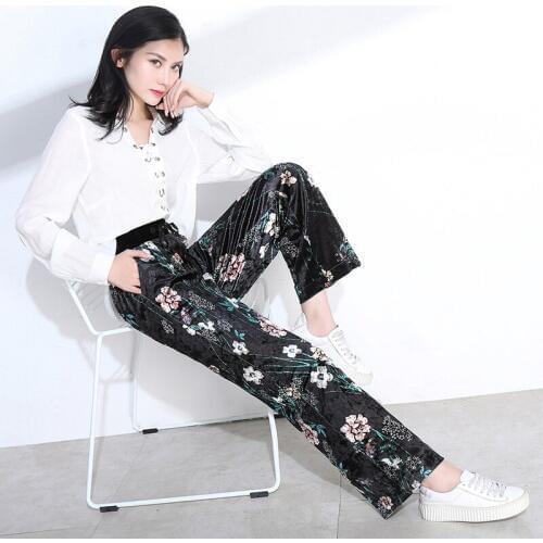 New Womens velvet wide leg pants female high waist autumn casual pants wide leg trousers loose Straight flower Print pants