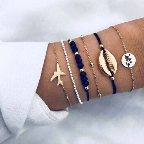 Bohemian bead shell Bracelets For Women Fashion Simulated hollow Multi Layer Bracelet map aircraft Handmade Jewelry Gift 6PCS