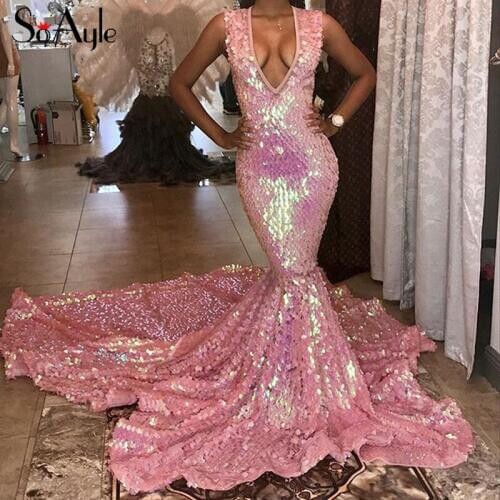 Sparkly V-neck Sexy Mermaid Long Prom Dresses Evening Party Dress Bling Bling African Fashion Sequined Girl Pink Prom Dress