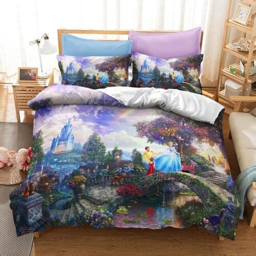 Disney Princess Bedding Set Childrens Animated Character 3D Cartoon Printed Quilt Washable Pillow Case Bedroom Set Sheet