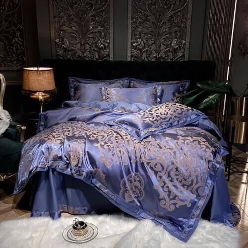 Royal Blue Jacquard Duvet Cover Set Queen King Size Soft Cotton Satin Luxury Home Bedding Set Bed Sheet Pillowcase High Quality