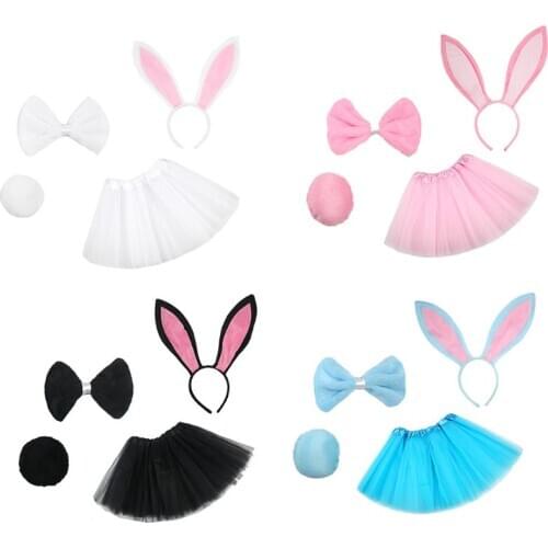 4Pcs Kids Rabbit Cosplay Costume Set Layered Tulle Tutu Skirt Fancy Dress Up Bunny Ears Headband Bow Ties Tail Easter Outfits