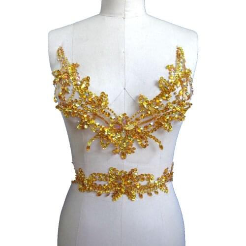 Handmade yellow/red Hot drilling Rhinestone lace embroidery patch collar applique wedding dress bordado DIY Performance clothing