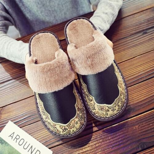 MCCKLE Women Luxury Slippers Embroidery Shoes Warm Plush Female PU Leather Winter Soft Indoor Flats Ladies Bedroom New Shoe